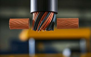 Un cavo elettrico in fase di separazione tra rame e gomma.