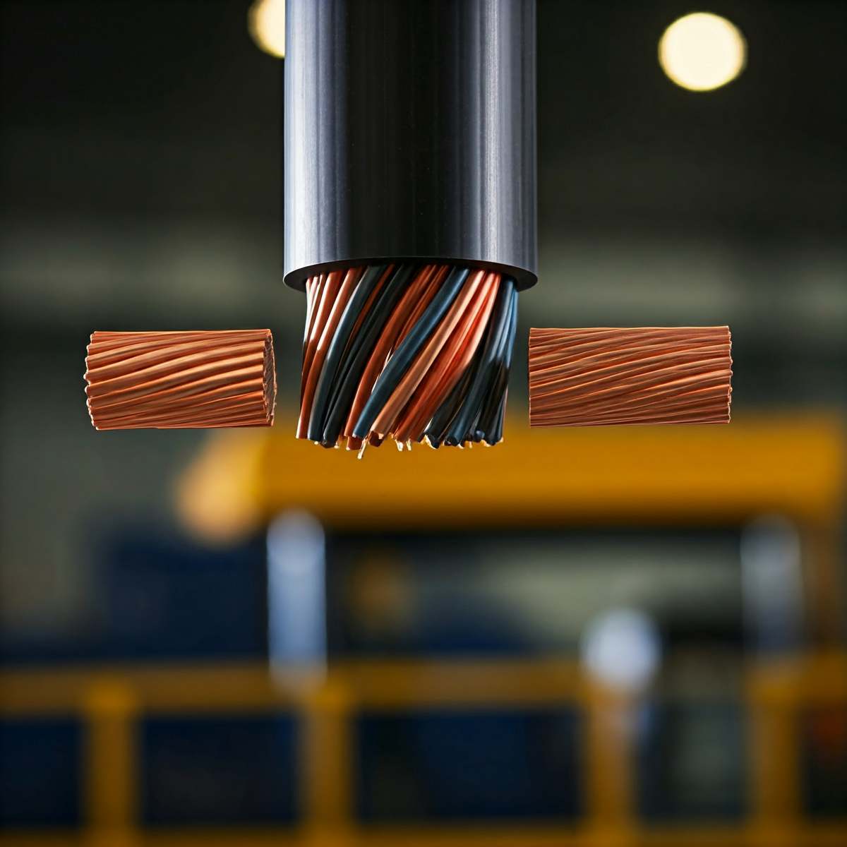 Un cavo elettrico in fase di separazione tra rame e gomma.