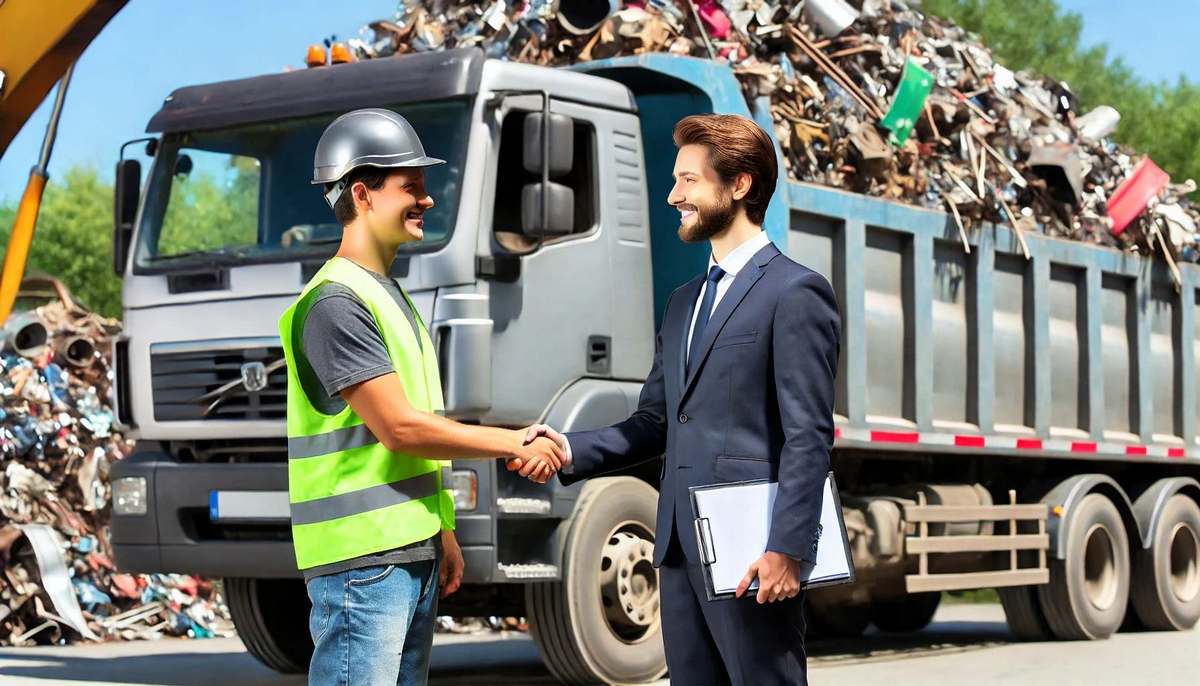 Due uomini procedono con un accordo sulla intermediazione dei metalli e rifiuti ferrosi.